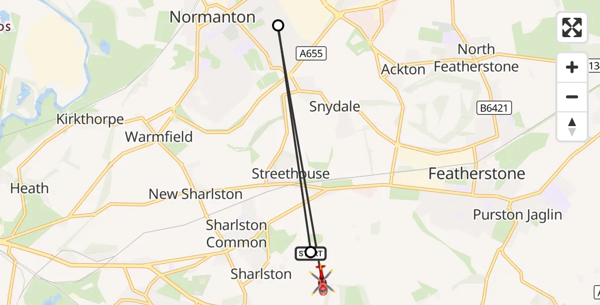 Flight route Air Ambulance Helicopter Sharlston - Nostell, 14 August 2026, 16:47