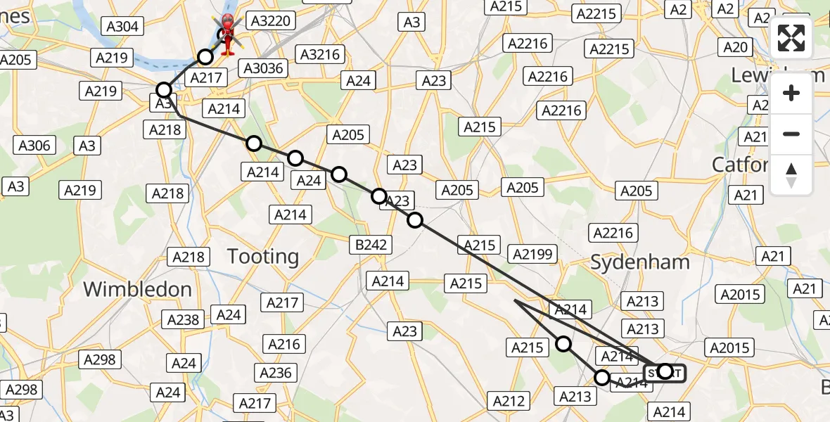 Flight route Air Ambulance Helicopter Elmers End - London Heliport, 14 August 2026, 16:52