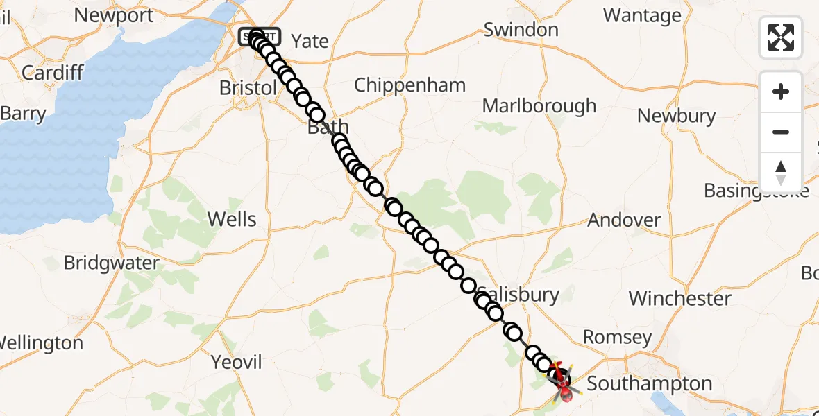 Flight route Air Ambulance Helicopter Almondsbury Helicopter Base - New Forest, 14 August 2026, 17:00