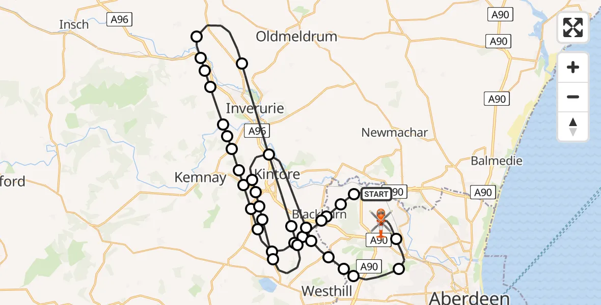 Flight route Coastguard Helicopter Dyce and Stoneywood - Aberdeen International Airport, 14 August 2026, 17:00