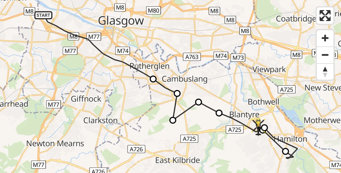Flight route Police Helicopter Glasgow - Blantyre, 14 August 2026, 17:09