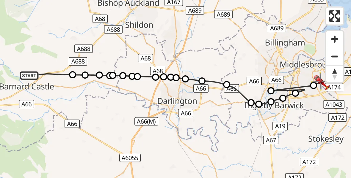 Flight route Air Ambulance Helicopter Stainton - Middlesbrough, 14 August 2026, 17:10