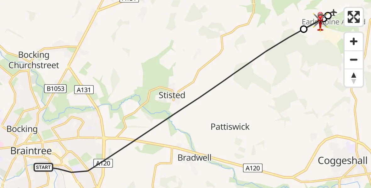 Flight route Air Ambulance Helicopter Braintree - Earls Colne Airfield, 14 August 2026, 17:18