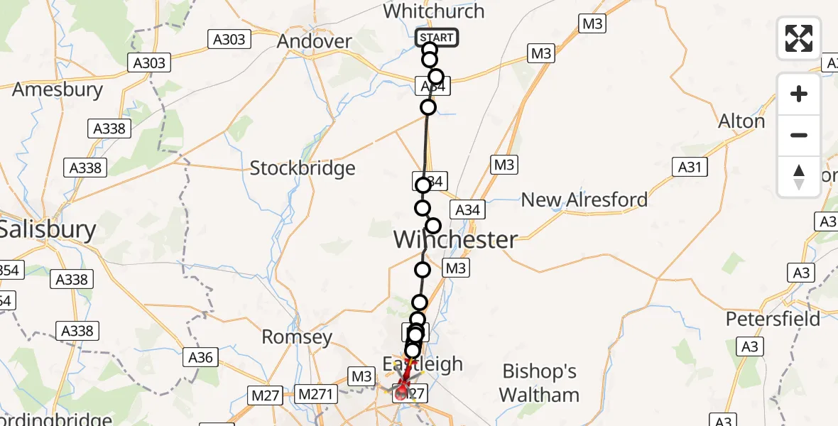 Flight route Air Ambulance Helicopter Hurstbourne Priors - Eastleigh, 14 August 2026, 17:18