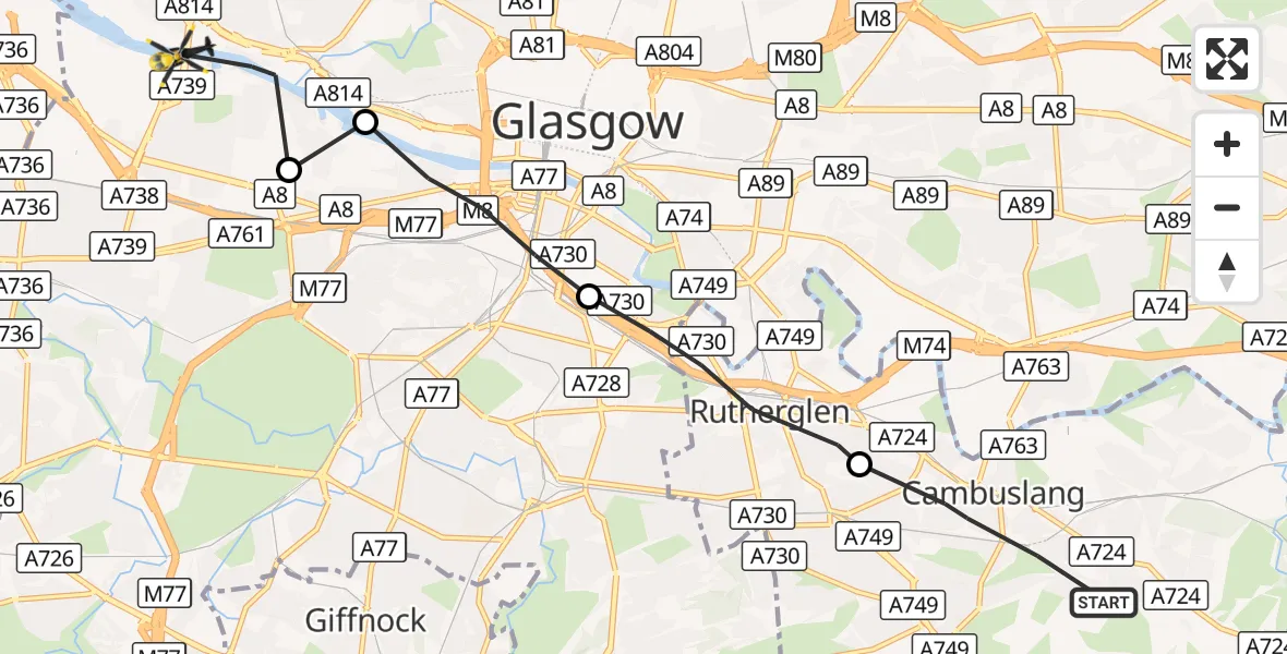 Flight route Police Helicopter Cambuslang - Glasgow, 14 August 2026, 17:26