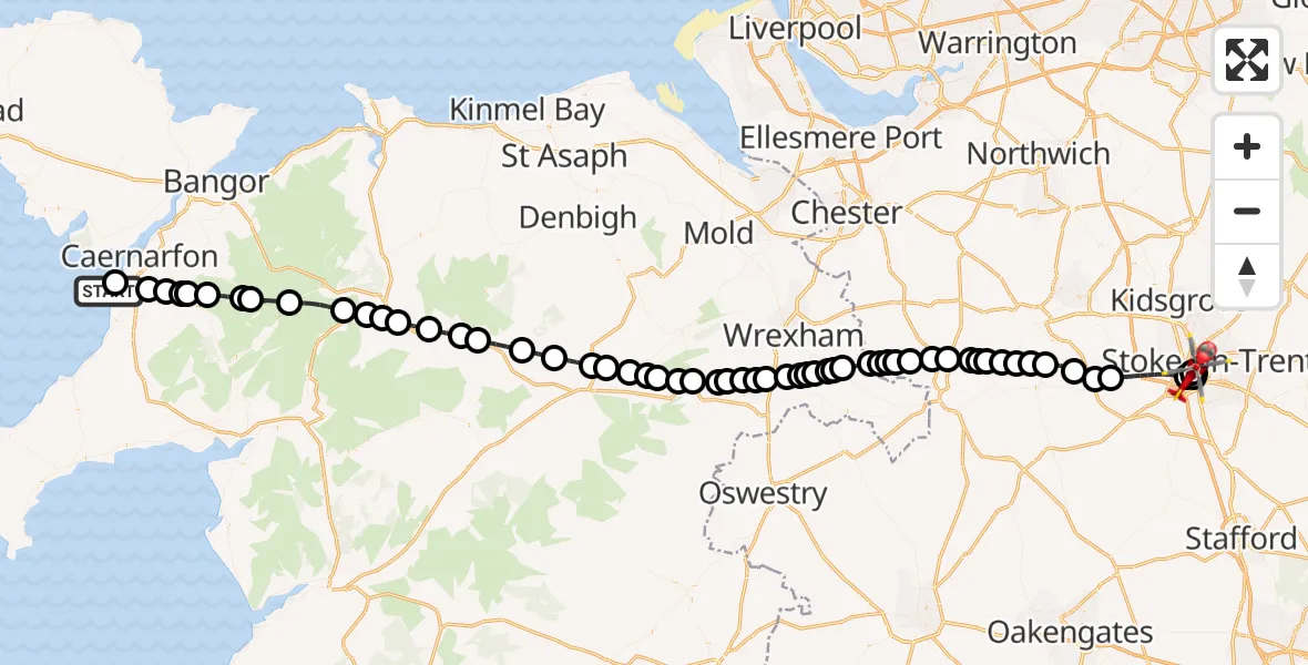 Flight route Air Ambulance Helicopter Caernarfon Airport - University Hospital North Staffs, 14 August 2026, 17:26