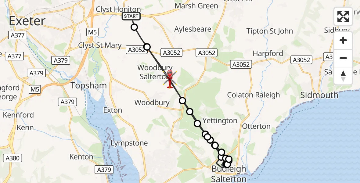 Flight route Air Ambulance Helicopter Exeter International Airport - Woodbury Salterton, 14 August 2026, 17:29