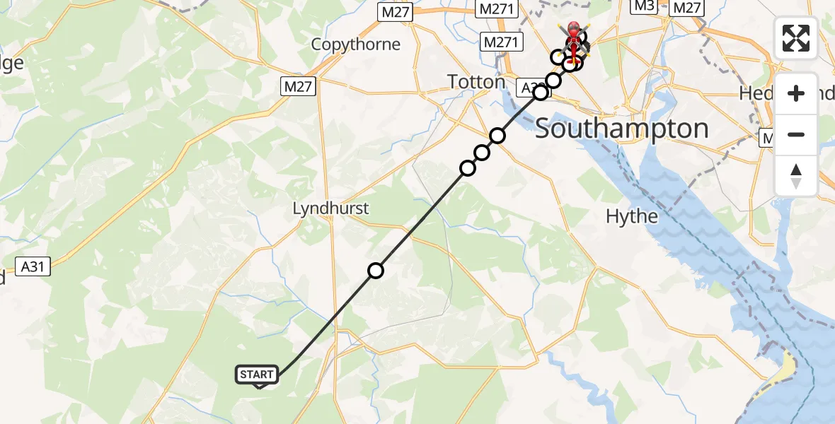Flight route Air Ambulance Helicopter Brockenhurst - University Hospital Southampton, 14 August 2026, 17:58