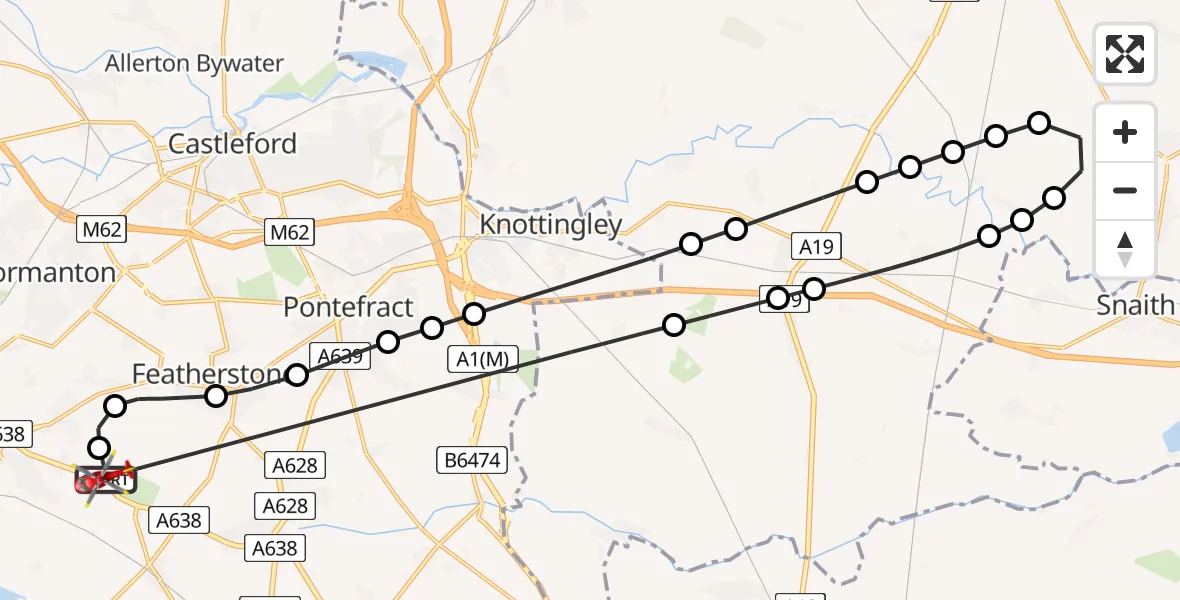Flight route Air Ambulance Helicopter YAA Nostell Helicopter Port - YAA Nostell Helicopter Port, 14 August 2026, 18:09