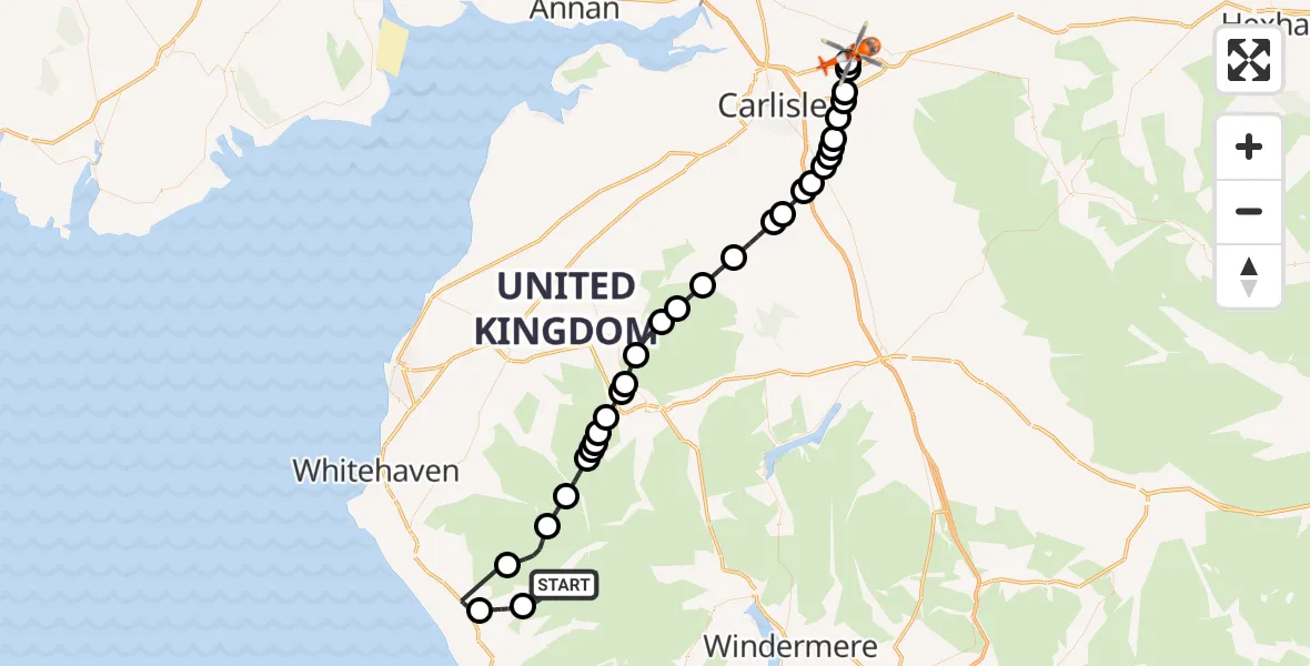 Flight route Coastguard Helicopter Wasdale - Carlisle Lake District Airport, 14 August 2026, 18:12