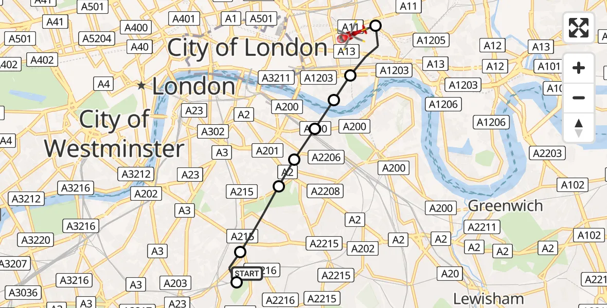 Flight route Air Ambulance Helicopter Kings College London Hospital - Royal London Hospital, 14 August 2026, 18:14