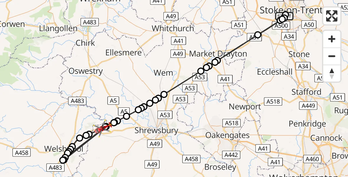 Flight route Air Ambulance Helicopter University Hospital North Staffs - Halfway House, 14 August 2026, 18:39