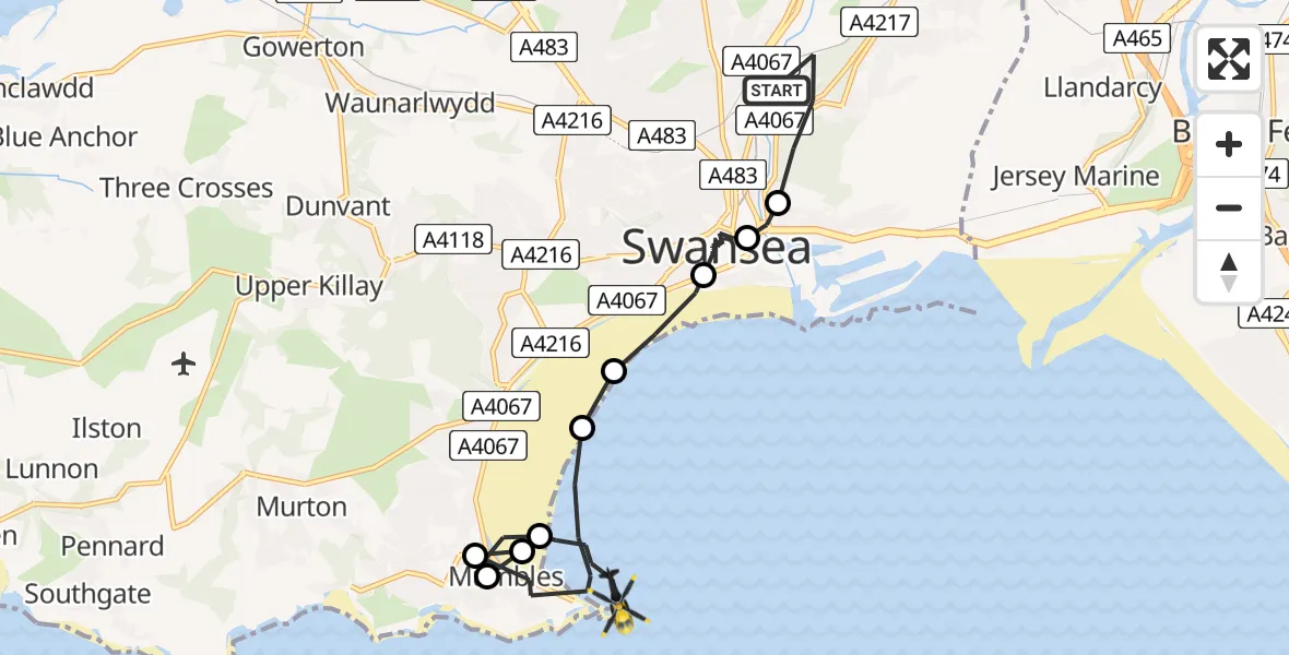 Flight route Police Helicopter Pentre-chwyth - Bristol Channel, 14 August 2026, 18:51