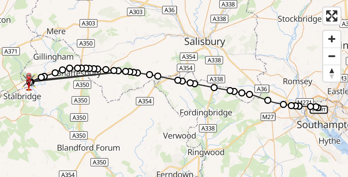 Flight route Air Ambulance Helicopter University Hospital Southampton - Henstridge Airfield, 14 August 2026, 19:01
