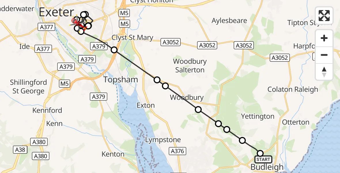 Flight route Air Ambulance Helicopter Budleigh Salterton - Royal Devon & Exeter Hospital, 14 August 2026, 19:02