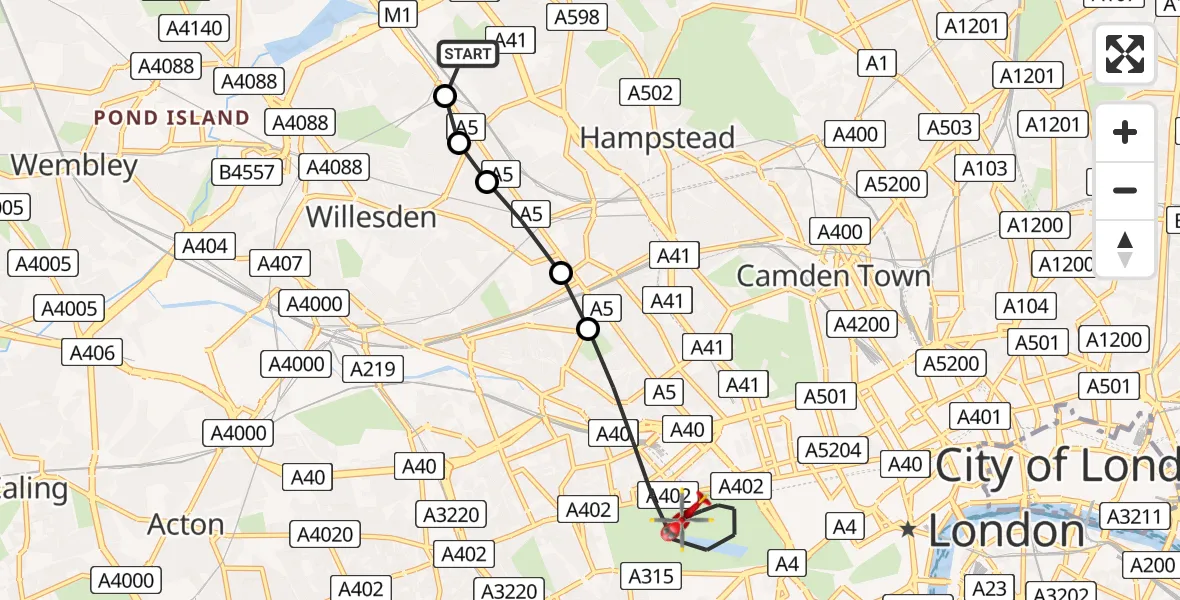 Flight route Air Ambulance Helicopter Cricklewood Aerodrome - City of Westminster, 14 August 2026, 19:03