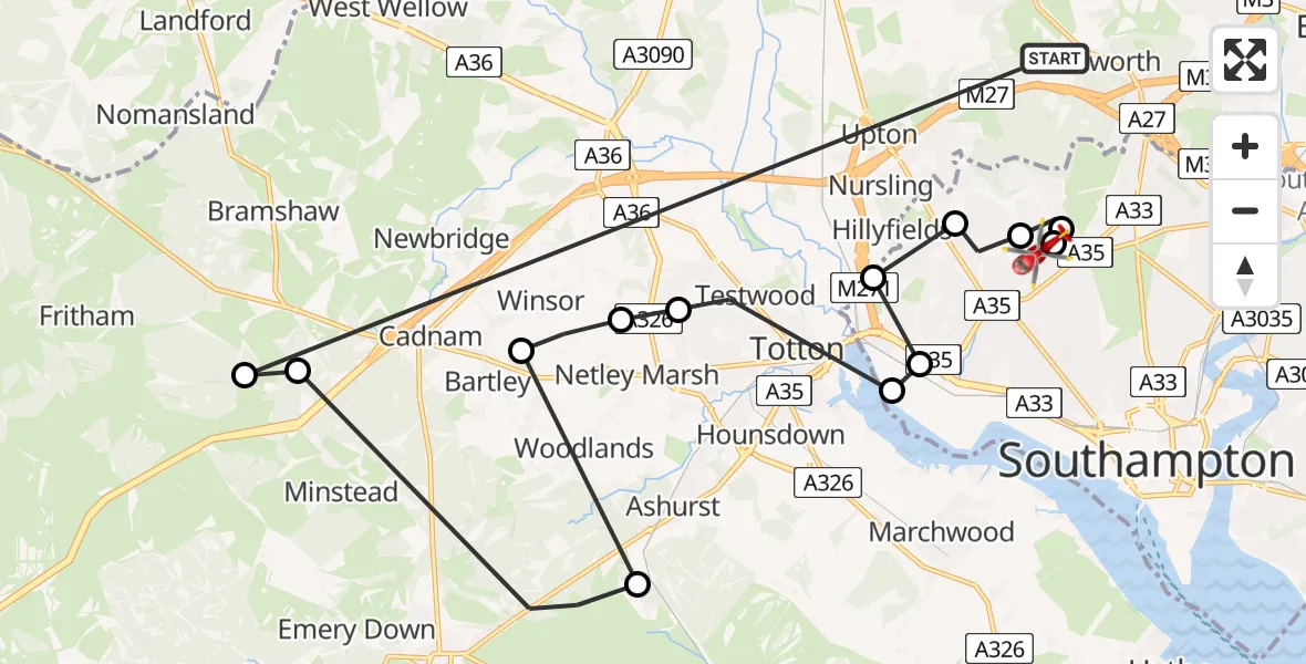Flight route Air Ambulance Helicopter Chilworth - Aldermoor, 14 August 2026, 19:05