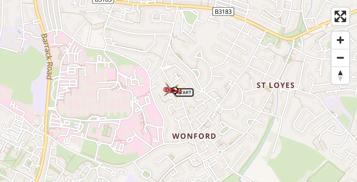 Flight route Air Ambulance Helicopter Royal Devon & Exeter Hospital - Topsham, 14 August 2026, 19:15