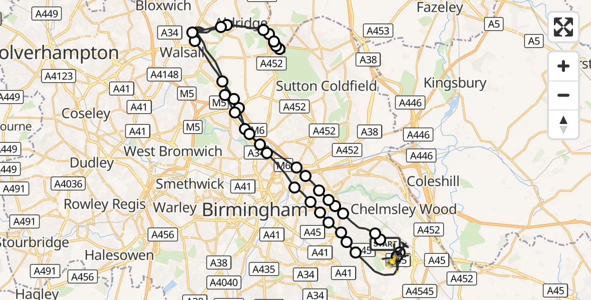 Flight route Police Helicopter Birmingham Airport - Birmingham Airport, 14 August 2026, 19:19