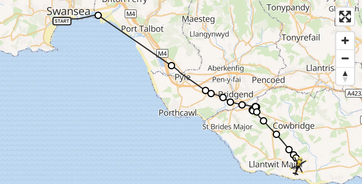 Flight route Police Helicopter Waterfront - MOD St Athan, 14 August 2026, 19:21