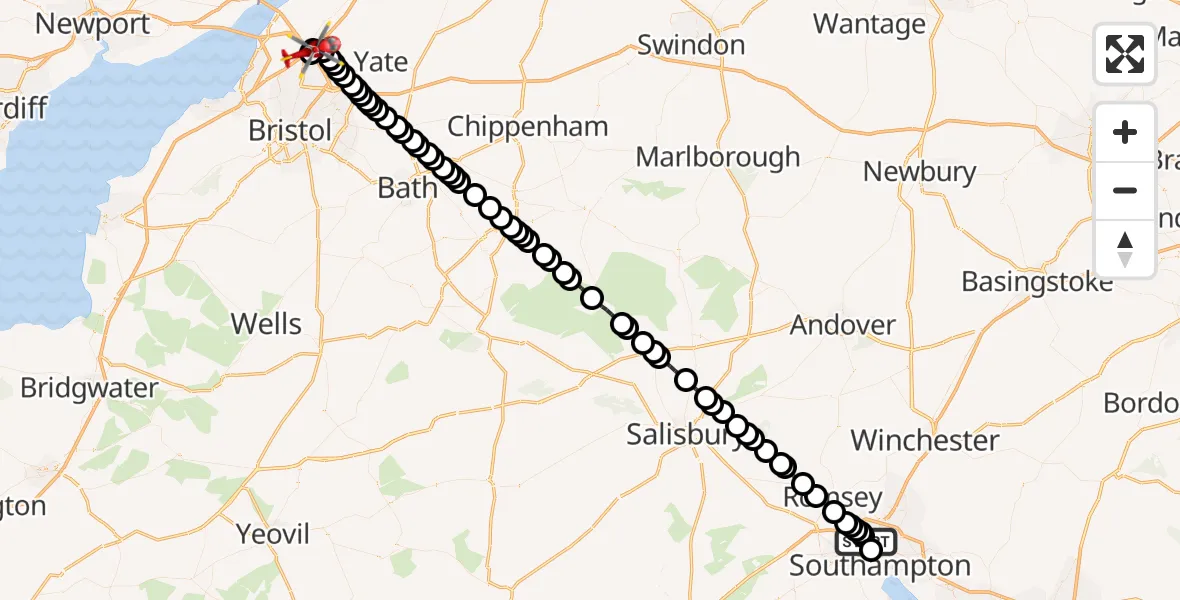 Flight route Air Ambulance Helicopter University Hospital Southampton - Almondsbury Helicopter Base, 14 August 2026, 19:28