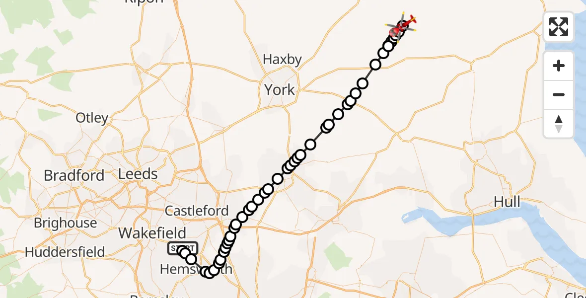 Flight route Air Ambulance Helicopter YAA Nostell Helicopter Port - Wharram le Street, 14 August 2026, 19:30