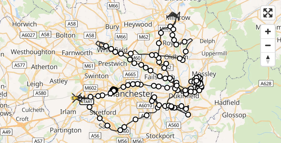 Flight route Police Helicopter Eccles - Manchester Barton Aerodrome, 14 August 2026, 19:37
