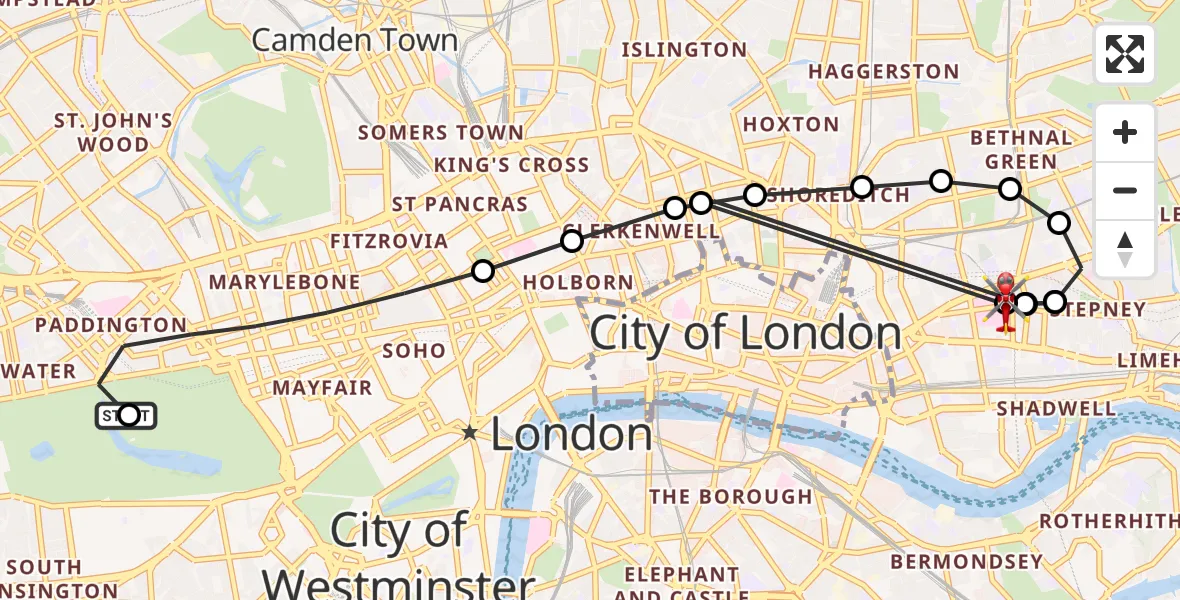 Flight route Air Ambulance Helicopter City of Westminster - Royal London Hospital, 14 August 2026, 19:50