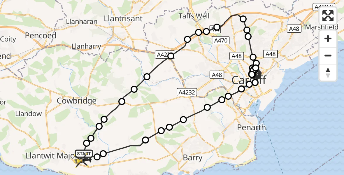 Flight route Police Helicopter MOD St Athan - MOD St Athan, 14 August 2026, 19:56