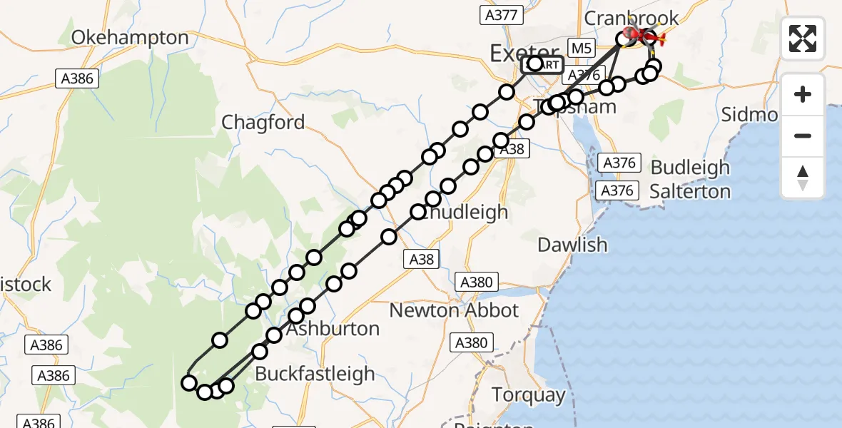 Flight route Air Ambulance Helicopter Royal Devon & Exeter Hospital - Rockbeare, 14 August 2026, 19:57