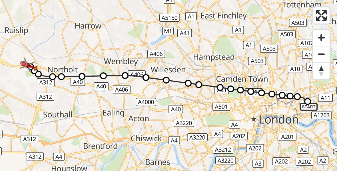 Flight route Air Ambulance Helicopter Royal London Hospital - RAF Northolt, 14 August 2026, 20:05