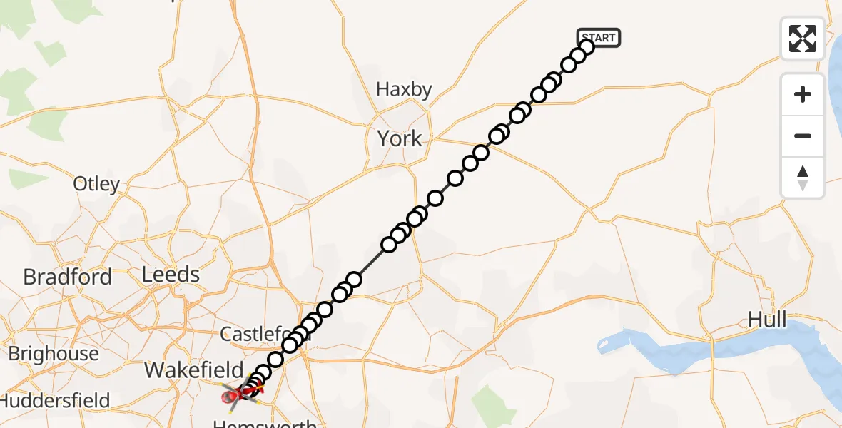 Flight route Air Ambulance Helicopter Wharram le Street - YAA Nostell Helicopter Port, 14 August 2026, 20:18
