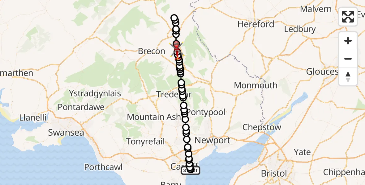 Flight route Air Ambulance Helicopter Cardiff Heliport - Llangors, 14 August 2026, 20:27