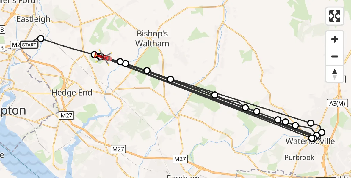 Flight route Air Ambulance Helicopter Southampton Airport - Durley, 14 August 2026, 20:53