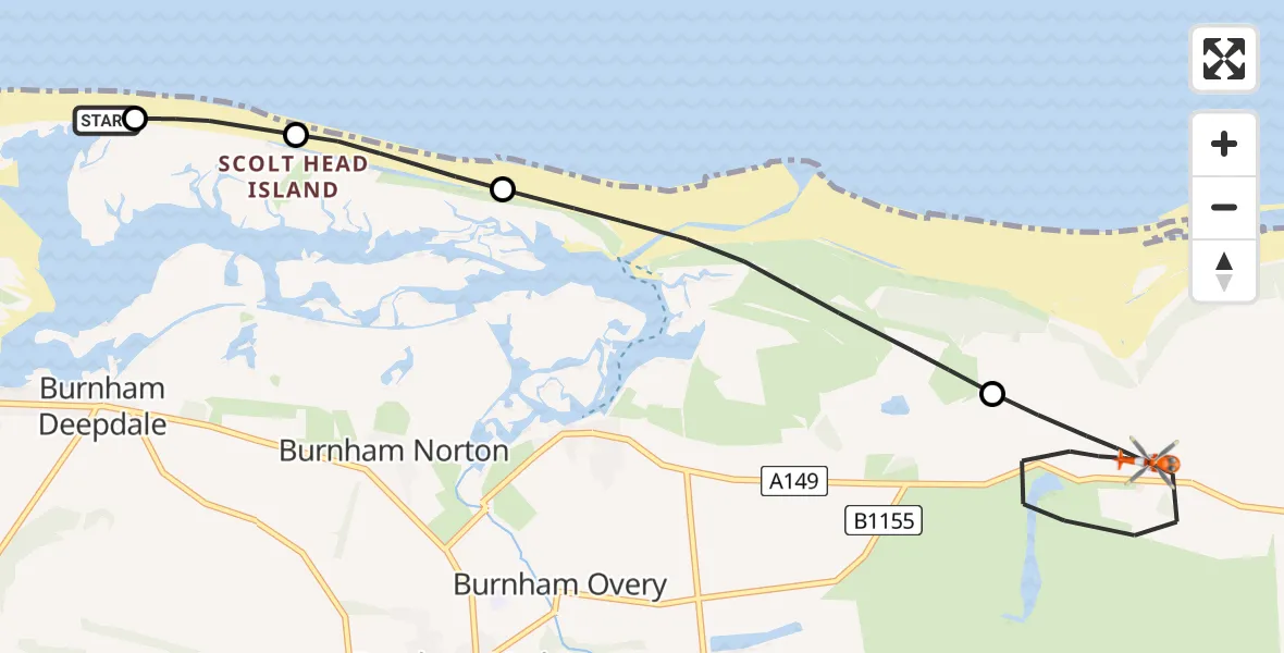 Flight route Coastguard Helicopter King's Lynn and West Norfolk - North Norfolk, 14 August 2026, 20:59