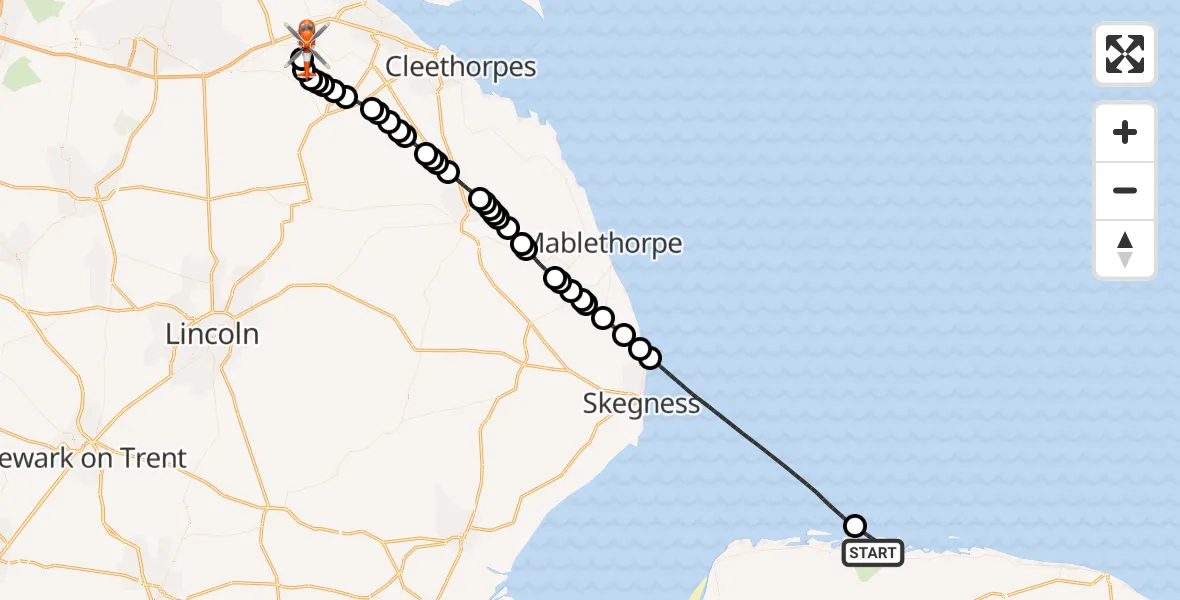 Flight route Coastguard Helicopter North Norfolk - Humberside Airport, 14 August 2026, 21:25