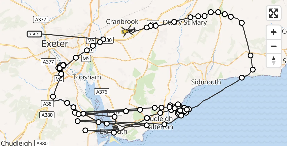 Flight route Police Helicopter Exeter - Rockbeare, 14 August 2026, 21:25