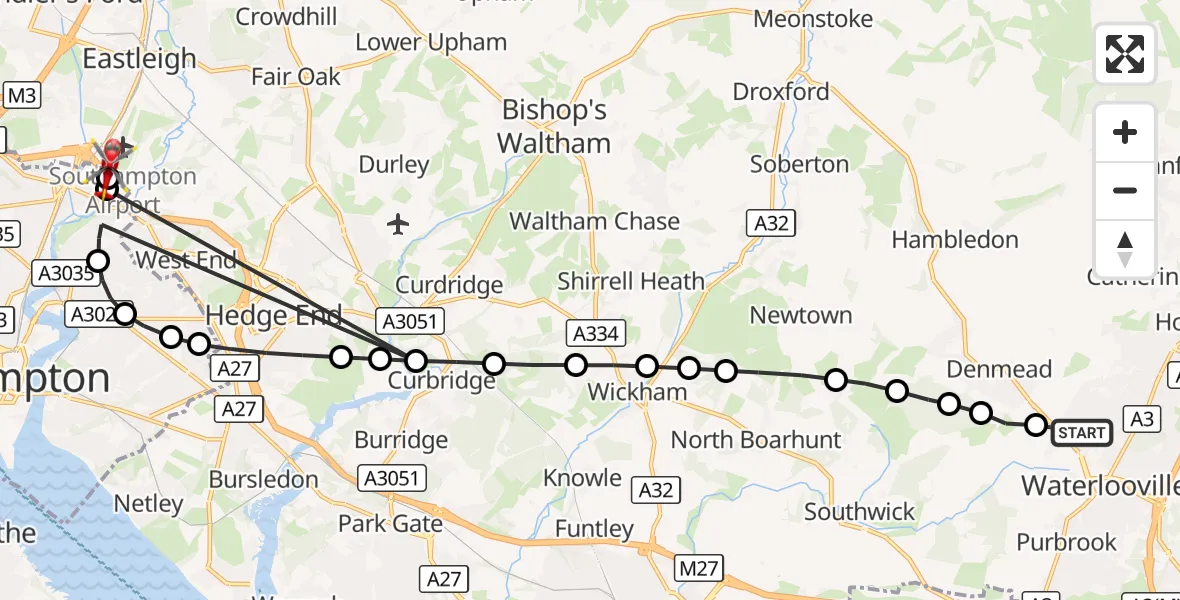 Flight route Air Ambulance Helicopter Havant - Southampton Airport, 14 August 2026, 21:30