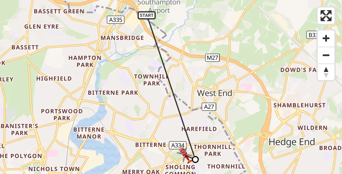 Flight route Air Ambulance Helicopter Southampton Airport - Thornhill Park, 14 August 2026, 21:42