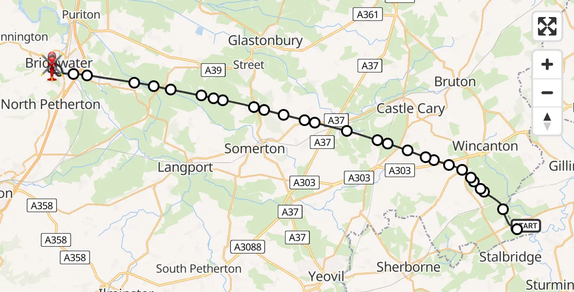 Flight route Air Ambulance Helicopter Henstridge Airfield - Bridgwater, 14 August 2026, 22:03