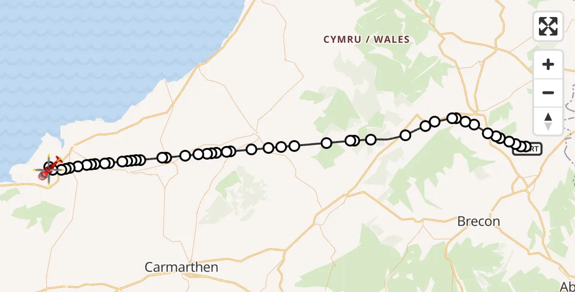Flight route Air Ambulance Helicopter Glasbury - Llantood, 14 August 2026, 22:19