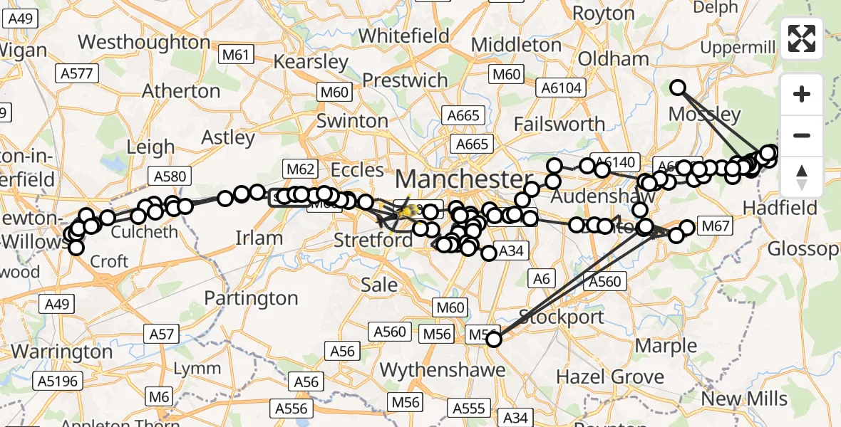 Flight route Police Helicopter Manchester Barton Aerodrome - Stretford, 14 August 2026, 22:41