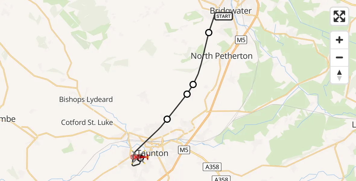 Flight route Air Ambulance Helicopter Bridgwater - Musgrove Hospital, 14 August 2026, 23:05
