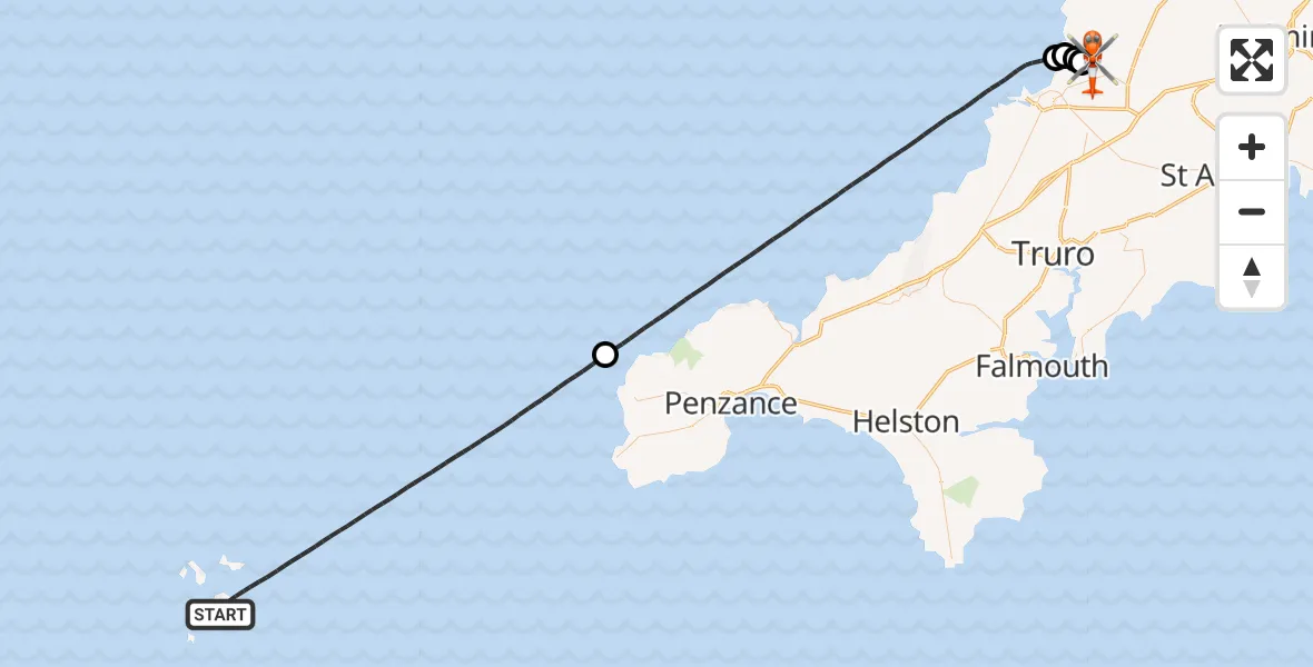 Flight route Coastguard Helicopter North Atlantic Ocean - Cornwall Airport Newquay, 14 August 2026, 23:08