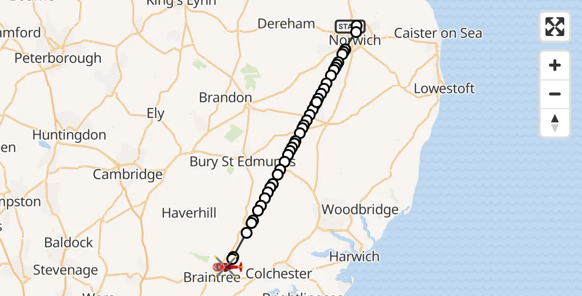 Flight route Air Ambulance Helicopter Norwich Airport - Braintree, 14 August 2026, 23:09