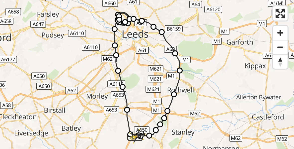 Flight route Police Helicopter East Ardsley - East Ardsley, 14 August 2026, 23:15