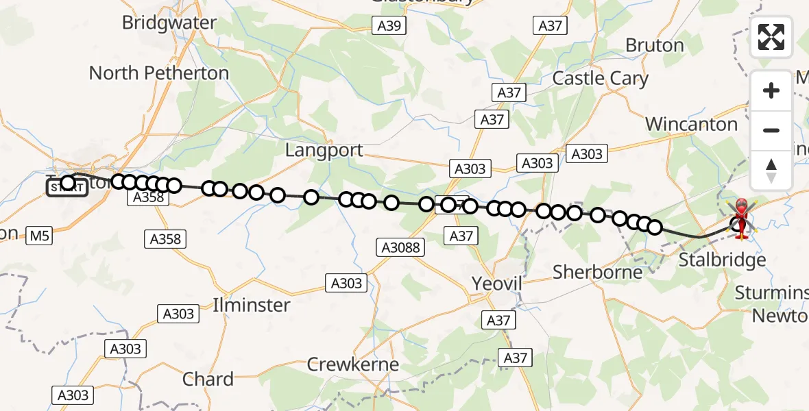 Flight route Air Ambulance Helicopter Musgrove Hospital - Henstridge Airfield, 14 August 2026, 23:41
