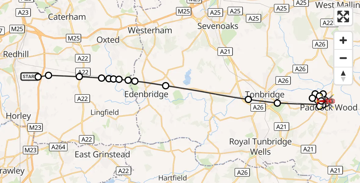Flight route Air Ambulance Helicopter Redhill Aerodrome - Paddock Wood, 14 August 2026, 23:48