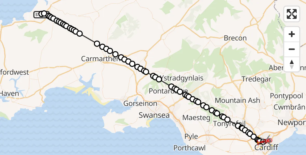 Flight route Air Ambulance Helicopter Nanhyfer / Nevern - Mynachdy, 14 August 2026, 23:53