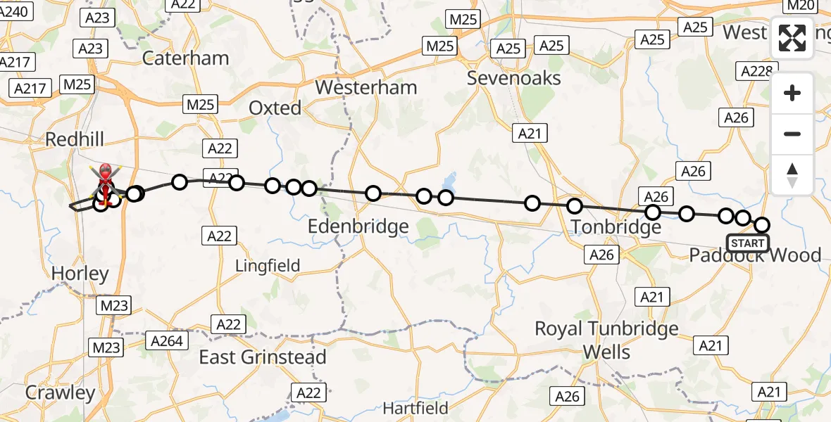 Flight route Air Ambulance Helicopter Paddock Wood - Redhill Aerodrome, 15 August 2026, 00:35
